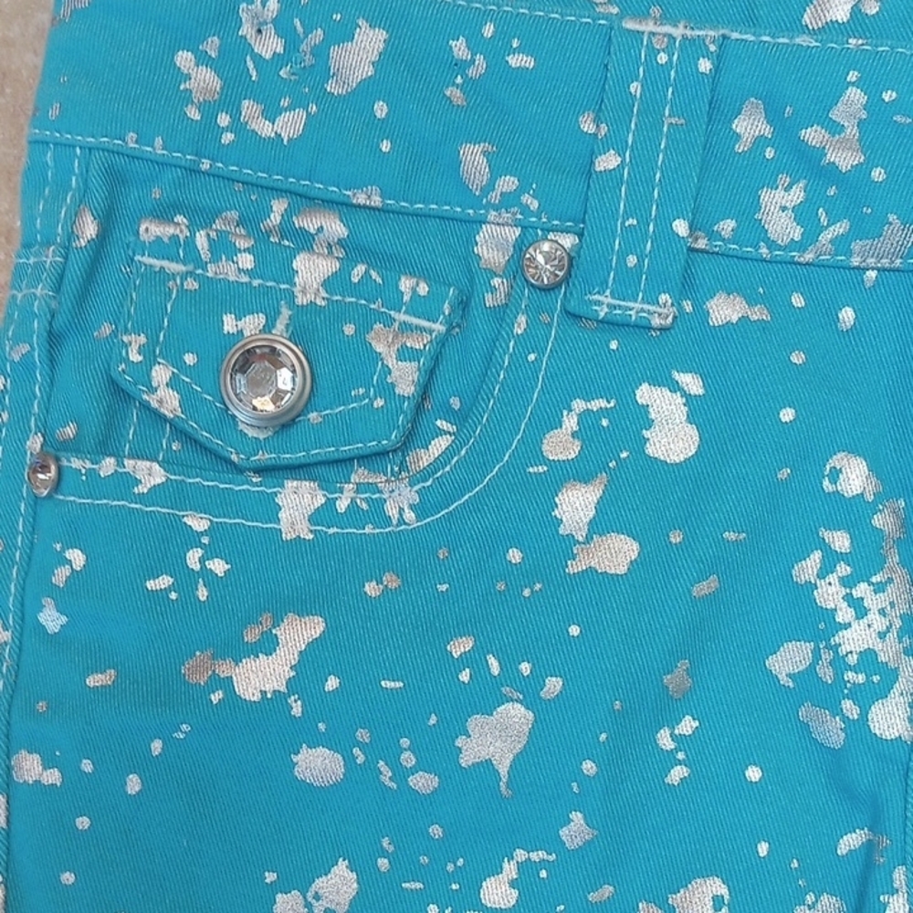 Drama Twen Turquoise Metallic-Splatter Denim Shorts - Picture 2 of 7